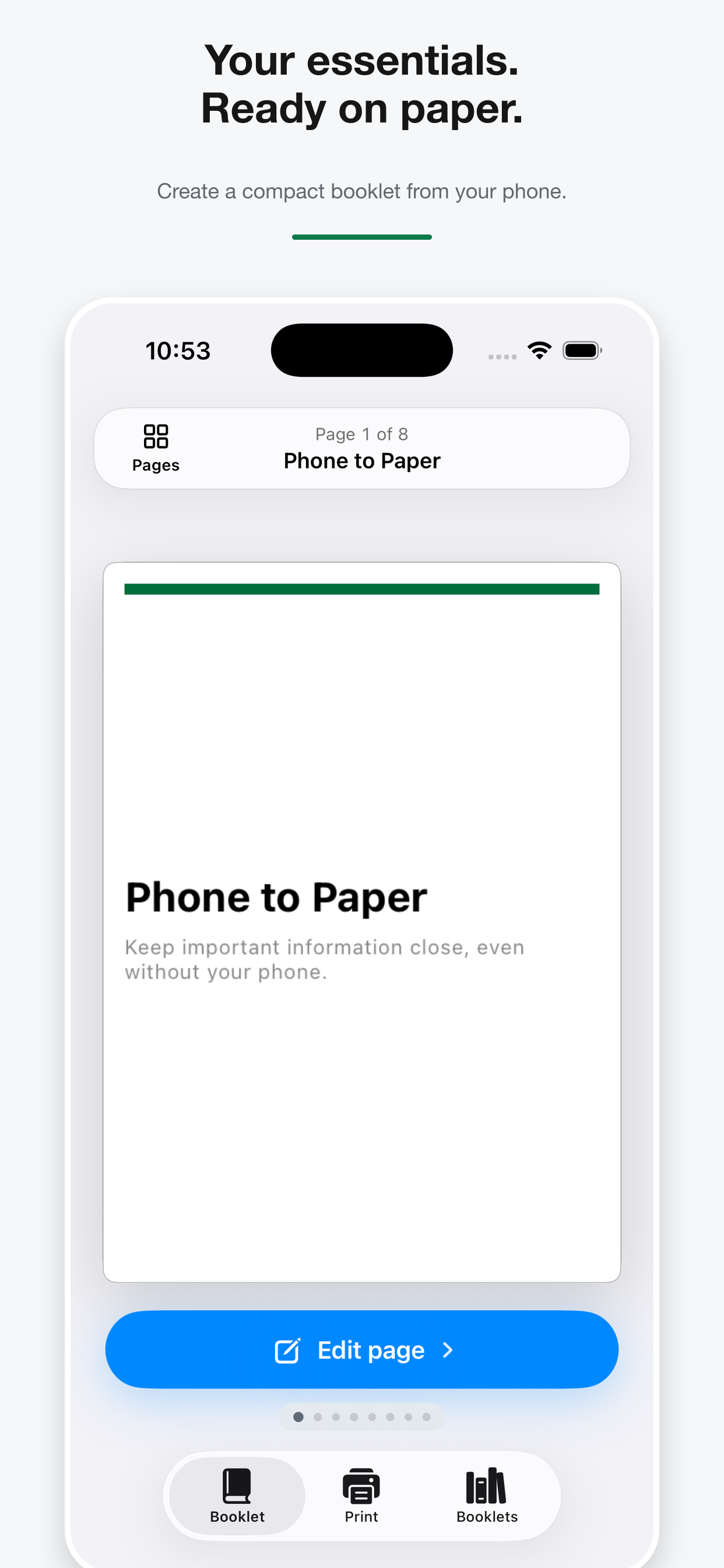 Phone to Paper app showing a compact printable booklet