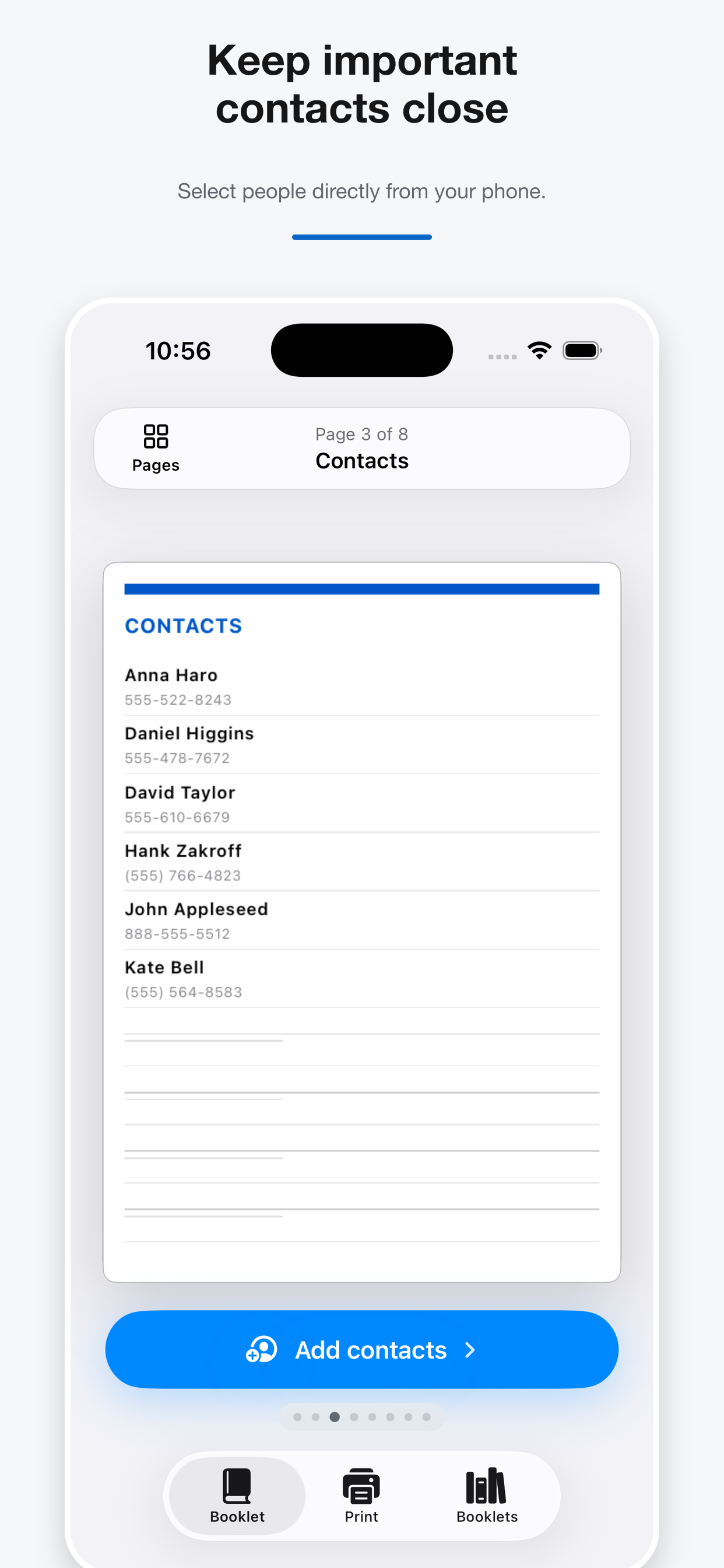 Phone to Paper app showing selected important contacts