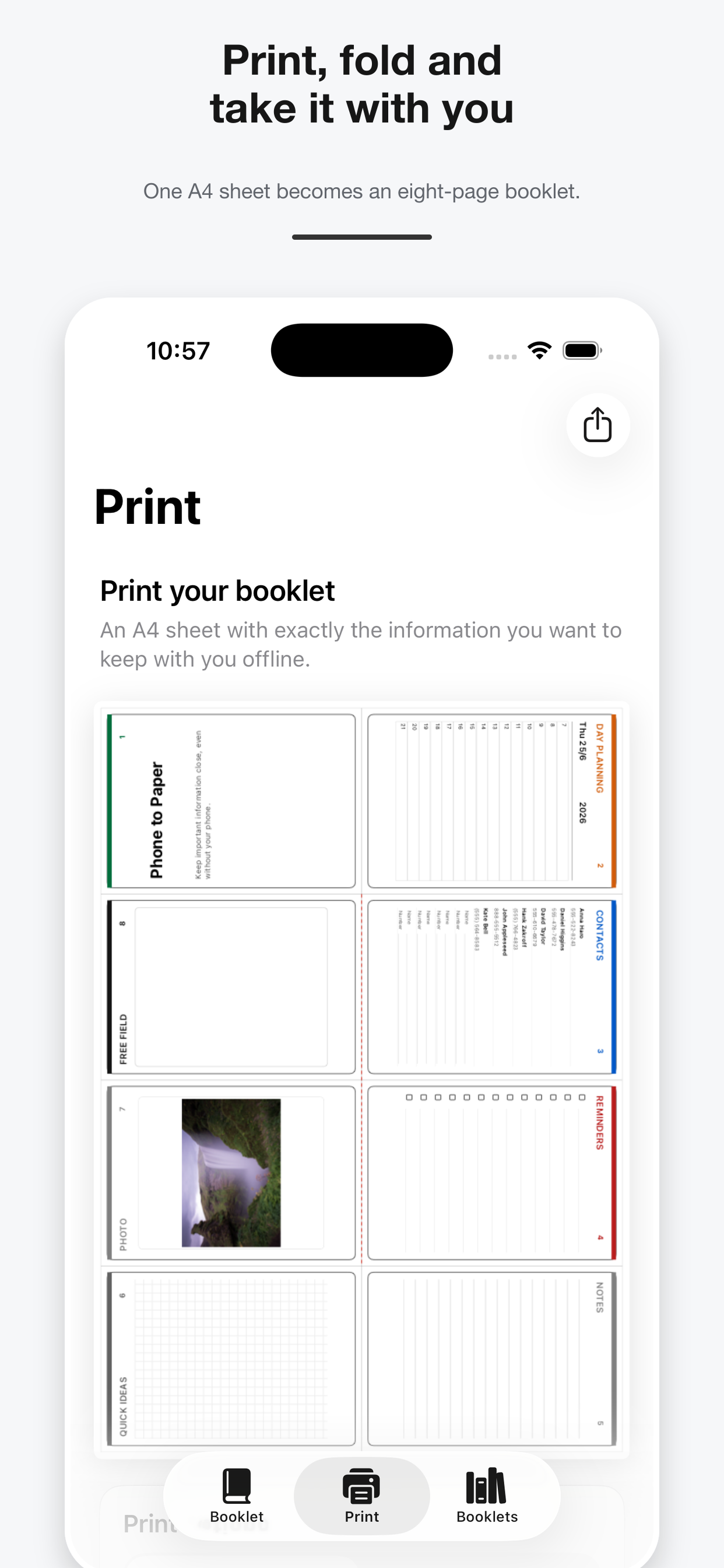 Phone to Paper app showing the complete A4 print preview
